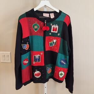 Basic Editaions Holiday Christmas Sweater Size XL Full Zip Beaded Ornaments
